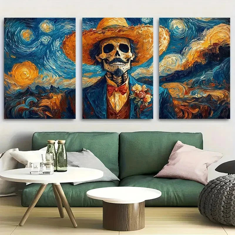 3pcs Undead Spanish Man Sombrero Van Gogh Inspired Metal Print Ready to Hang Art