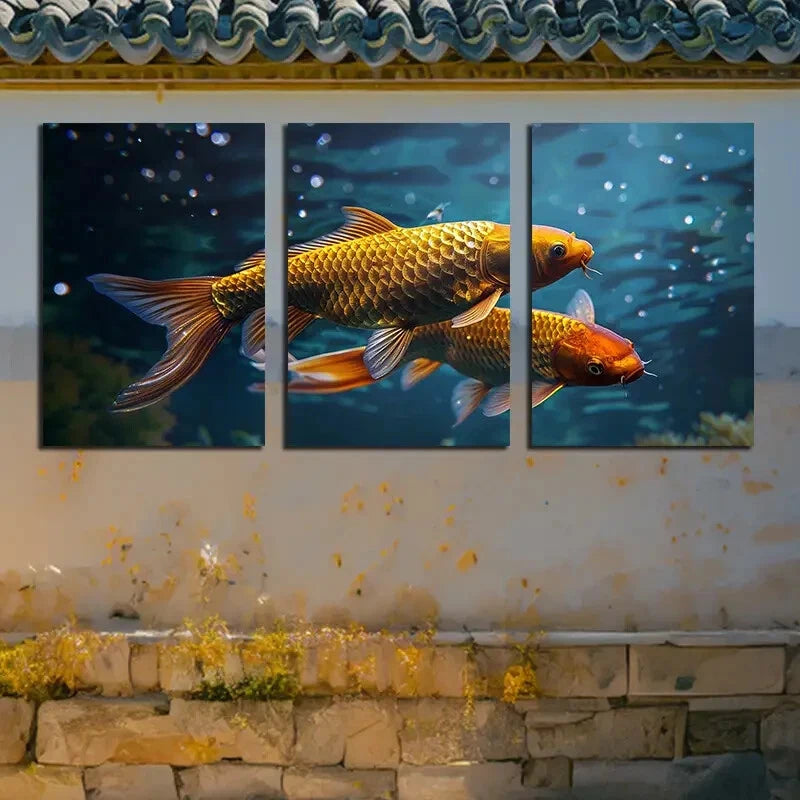 3pcs Goldfish Entwined with Two Heads and Tails Metal Print Ready to Hang Art
