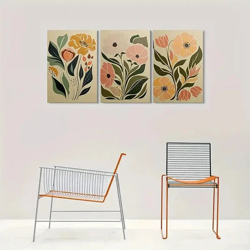 3pcs Neutral Colors Green Leaves & Pink Flowers Wall Art Canvas Unframed - High Quality Print 100% Australian Made Wall Canvas