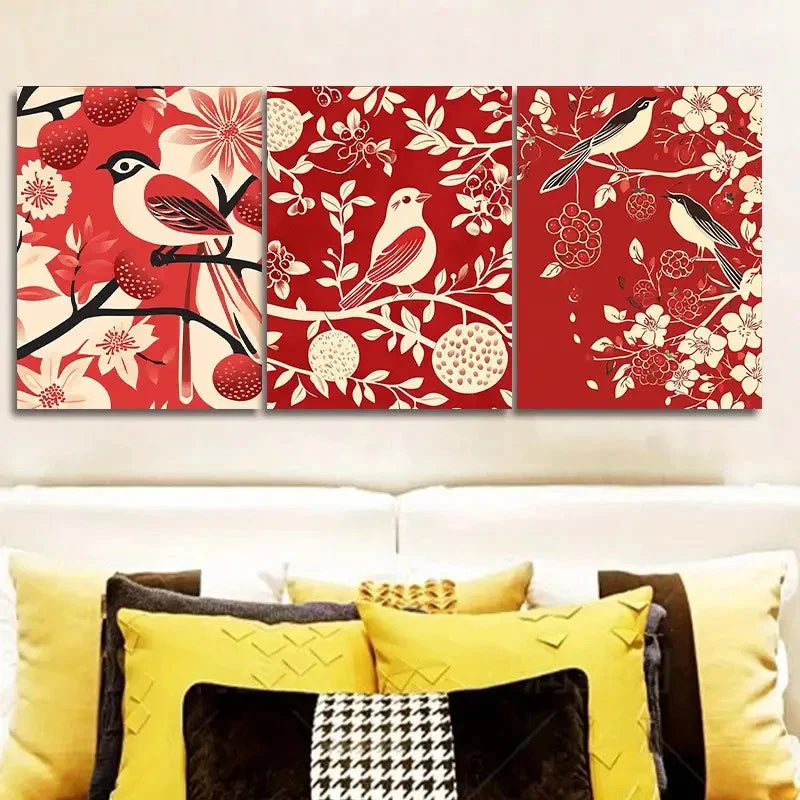 3pcs Three Red Panels with Birds and Flowers  Wall Art Set Canvas Framed 60x90cm - High Quality Print 100% Australian Made Wall Canvas Ready to Hang - Bella Home Decor