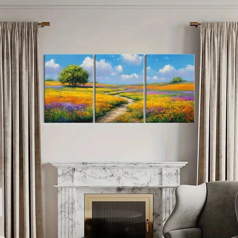 3pcs Landscape Painting Colorful Flowers Blue Sky Metal Print Ready to Hang Art - Bella Home Decor