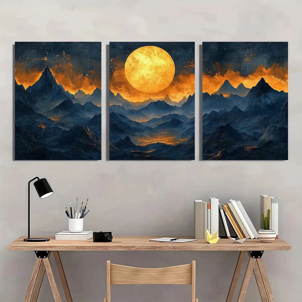 3pcs Golden Moon Dark Blue & Orange Metal Print Ready to Hang Art - Bella Home Decor