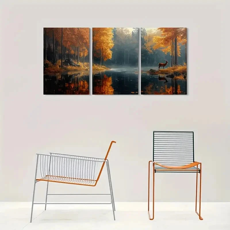 3pcs Autumn Forest Lake Deer Nature Metal Print Ready to Hang Art - Bella Home Decor