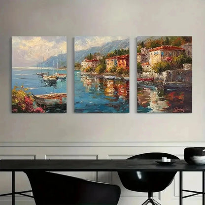 3pcs Coastal Town Scene with Boats Buildings Metal Print Ready to Hang Art - Bella Home Decor