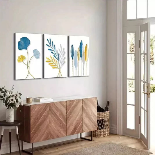 3pcs Blue and Golden leaves Canvas Wall Art Set Canvas Framed 50x70cm - High Quality Print 100% Australian Made Wall Canvas Ready to Hang