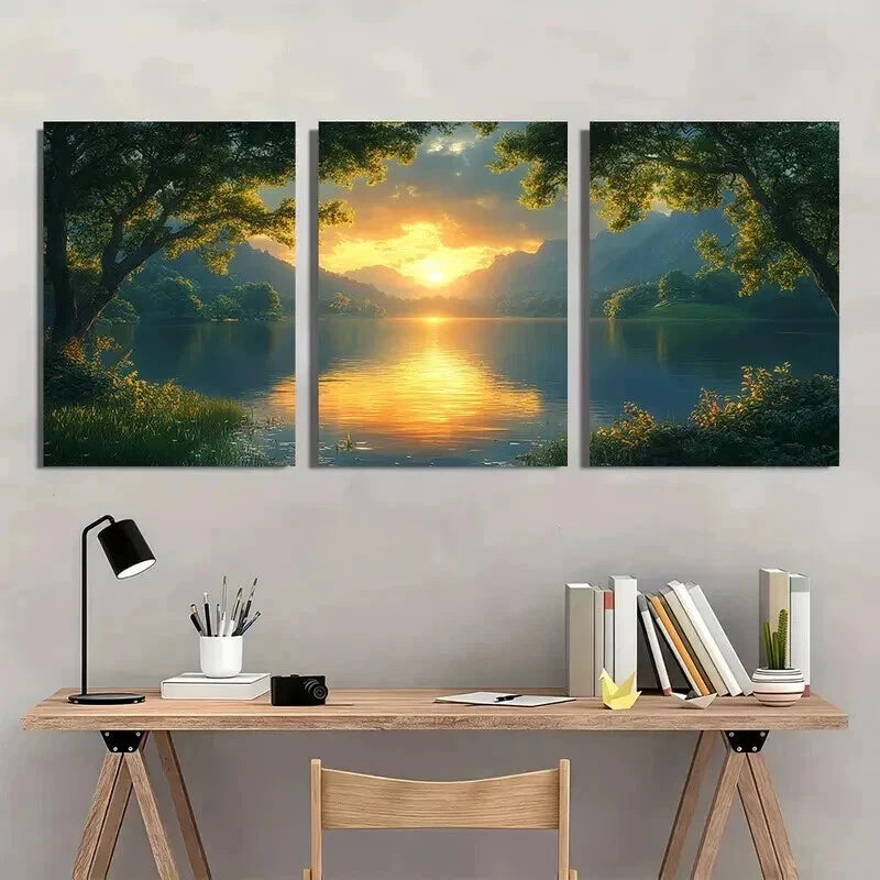3pcs Serene Shire Sunrise & Calm Waters Scene Wall Art Set Canvas Framed 40x60cm - High Quality Print 100% Australian Made Wall Canvas Ready to Hang - Bella Home Decor