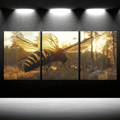 3pcs Vibrant Bee Hovering in The Forest Metal Print Ready to Hang Art