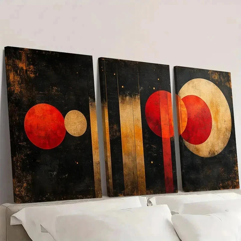 3pcs Geometric Circles & Lines Red FI  Wall Art Set Canvas Framed 50x70cm - High Quality Print 100% Australian Made Wall Canvas Ready to Hang - Bella Home Decor