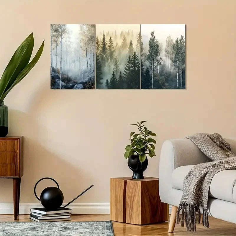 3pcs Vintage Nordic Forest with Misty Sunlit Scene Metal Print Ready to Hang Art - Bella Home Decor