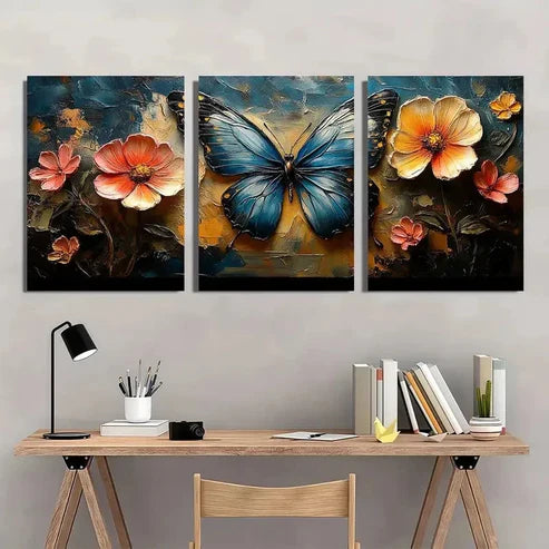 3pcs Vibrant Blue Butterfly with Orange Flowers Wall Art Set Canvas Unframed - High Quality Print 100% Australian Made Wall Canvas