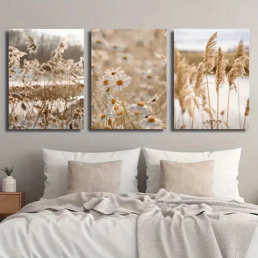 3pcs Botanical Daisy Wildflower Reed Perfect Wall Art Set Canvas Framed 40x60cm - High Quality Print 100% Australian Made Wall Canvas Ready to Hang