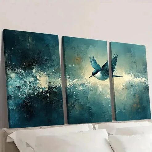 3pcs Bird Teal Tan Pastel Abstract Painting Canvas Wall Art Set Canvas Unframed - High Quality Print 100% Australian Made Wall Canvas - Bella Home Decor