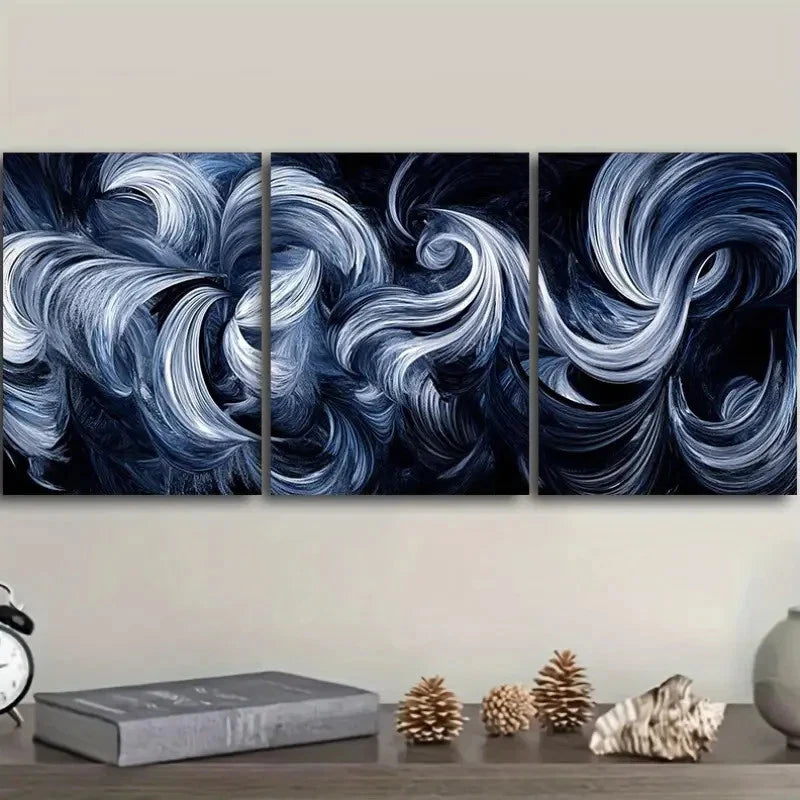 3pcs Aesthetic Navy Blue Swirl Metal Painting Print Ready to Hang Art - Bella Home Decor