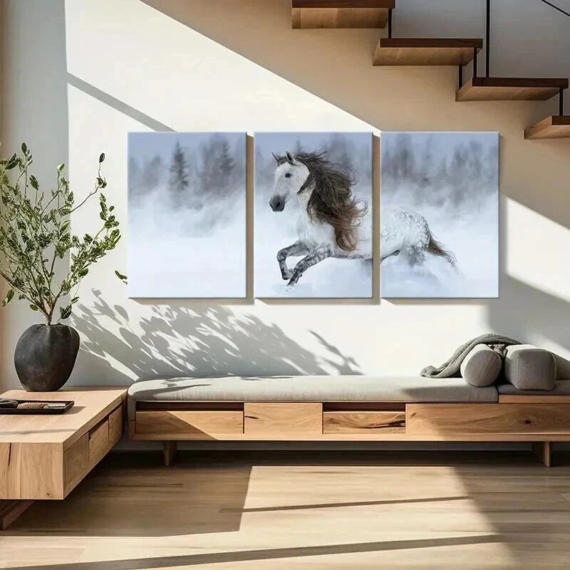 3pcs Running Horse Snowy Landscape Painting Wall Art Set Canvas Framed 40x60cm - High Quality Print 100% Australian Made Wall Canvas Ready to Hang - Bella Home Decor