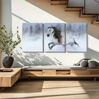 3pcs Running Horse Snowy Landscape Painting Wall Art Set Canvas Framed 40x60cm - High Quality Print 100% Australian Made Wall Canvas Ready to Hang - Bella Home Decor
