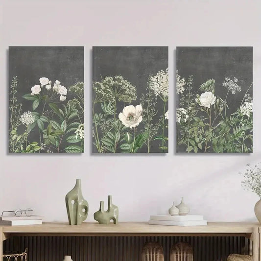 3pcs Vintage Garden Floral Artwork, Art Deco Wall Art Set Canvas Framed 40x60cm - High Quality Print 100% Australian Made Wall Canvas Ready to Hang