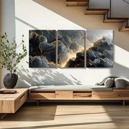3pcs Abstract Cloudscape Art Golden Lines Metal Print Ready to Hang Art - Bella Home Decor