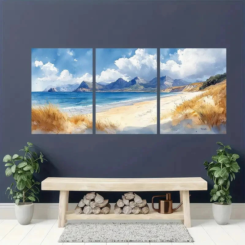 3pcs Portsalon Beach Painting Donegal Watercolor Metal Print Ready to Hang Art - Bella Home Decor