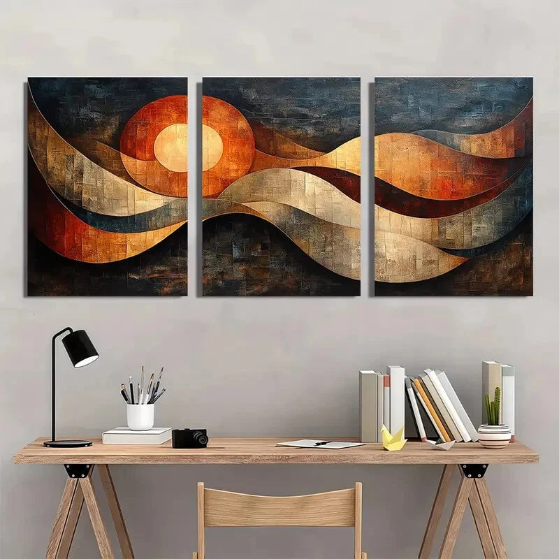 3pcs Abstract Brown & Beige Decorative Paintings Metal Print Ready to Hang Art - Bella Home Decor