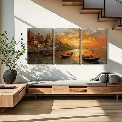 3pcs Sunset Cityscape with Golden Sky Reflection Wall Art Set Canvas Framed 60x90cm - High Quality Print 100% Australian Made Wall Canvas Ready to Hang - Bella Home Decor