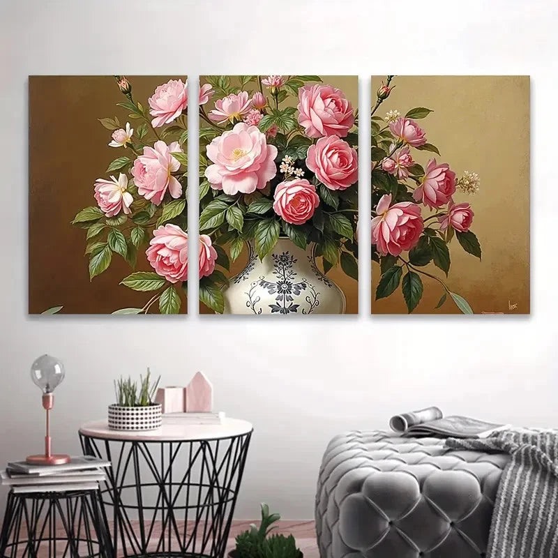 3pcs Pink Rose Floral Painting Wall Art Set Canvas Framed 60x90cm - High Quality Print 100% Australian Made Wall Canvas Ready to Hang