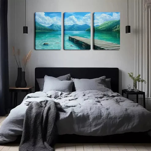 3pcs Green Lake And Wooden Bridge Wall Art Canvas Unframed - High Quality Print 100% Australian Made Wall Canvas