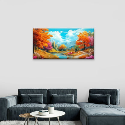 Autumn River Blue Sky Cloud Wall Art Canvas Office Home Room Framed 120x60cm