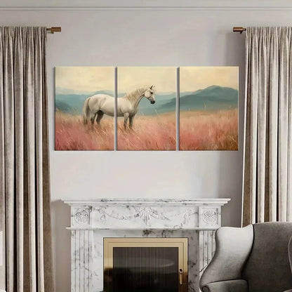 3pcs White Horse In Field Landscape Art Metal Print Ready to Hang Art - Bella Home Decor