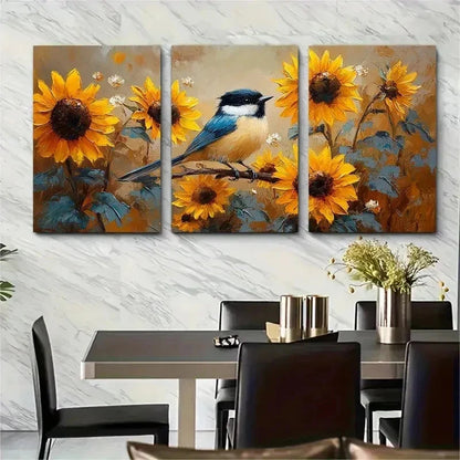 3pcs Chickadee Painting Sunflowers Perfect Wall Art Set Canvas Framed 50x70cm - High Quality Print 100% Australian Made Wall Canvas Ready to Hang - Bella Home Decor