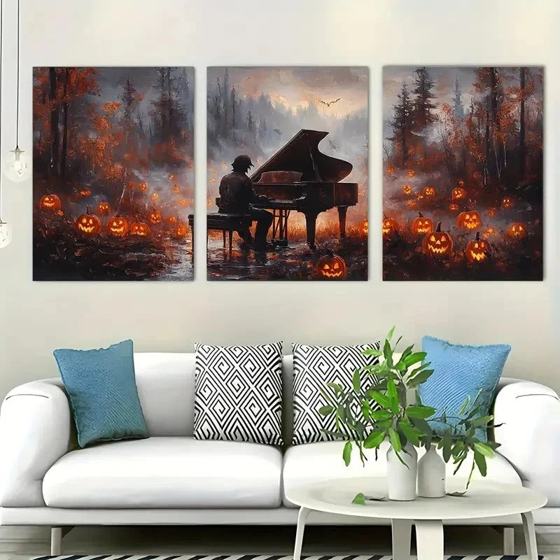 3pcs Set of three Spooky Ghoul Playing Piano Canvas Framed 50x70cm - High Quality Print 100% Australian Made Wall Canvas Ready to Hang