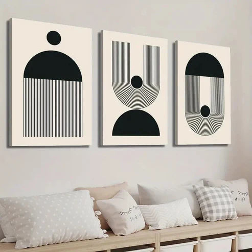 3pcs Black & Beige Abstract Geometric Wall Art Set Canvas Unframed - High Quality Print 100% Australian Made Wall Canvas - Bella Home Decor