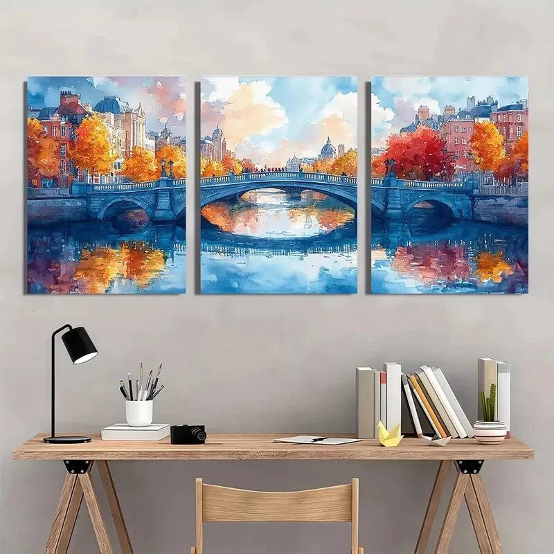 3pcs Vibrant Watercolor Cityscape with River LiffeyMetal Print Ready to Hang Art - Bella Home Decor