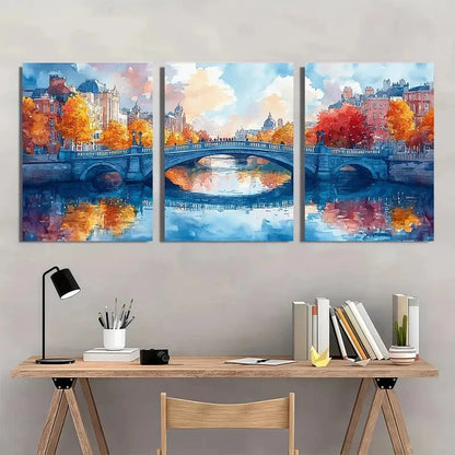 3pcs Vibrant Watercolor Cityscape with River LiffeyMetal Print Ready to Hang Art - Bella Home Decor