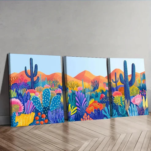 3pcs Colorful Cactus & Floral Garden Scene Wall Art Set Canvas Unframed - High Quality Print 100% Australian Made Wall Canvas - Bella Home Decor