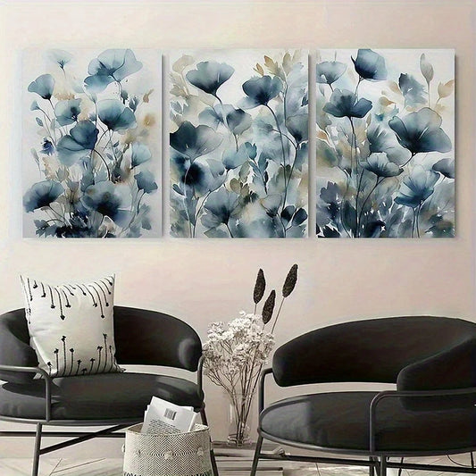 3pcs Blue Abstract Floral Wildflower Plant Metal Print Ready to Hang Art