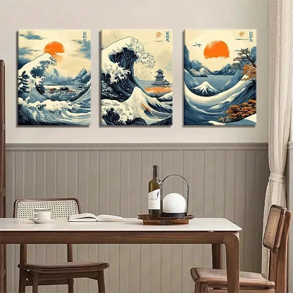 3pcs Japanese Wave Ukiyo-E Ocean Perfect Wall Art Set Canvas Framed 60x90cm - High Quality Print 100% Australian Made Wall Canvas Ready to Hang