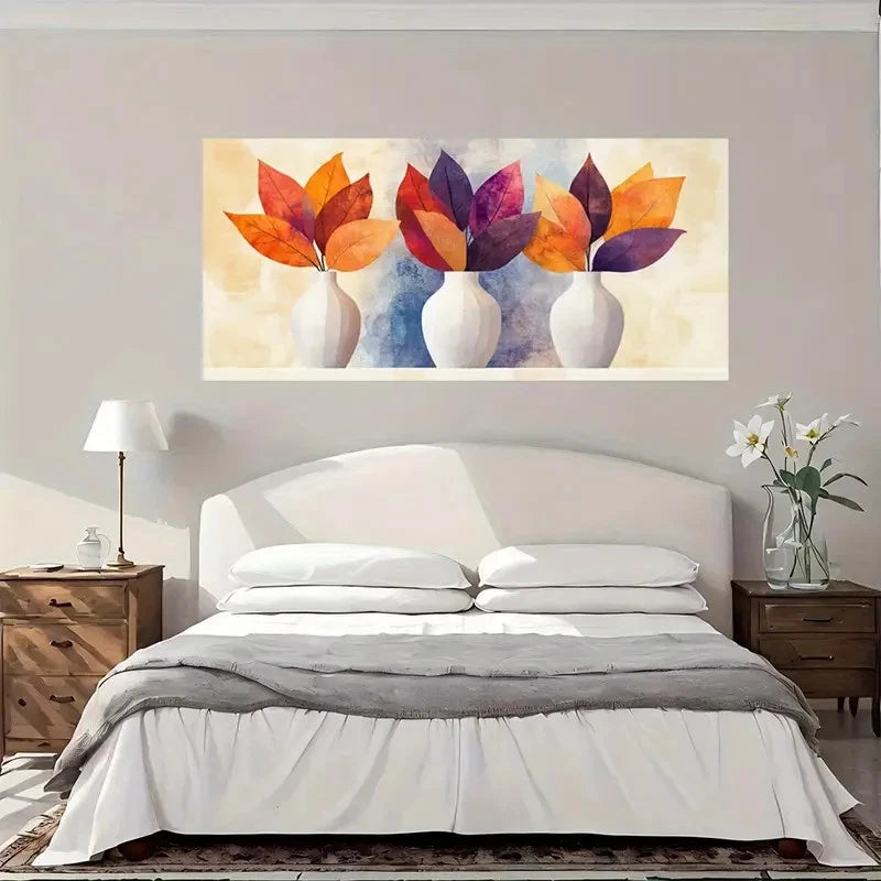 Autumn Leaves White Vases Wall Art Canvas Office Home Room Framed 120x60cm