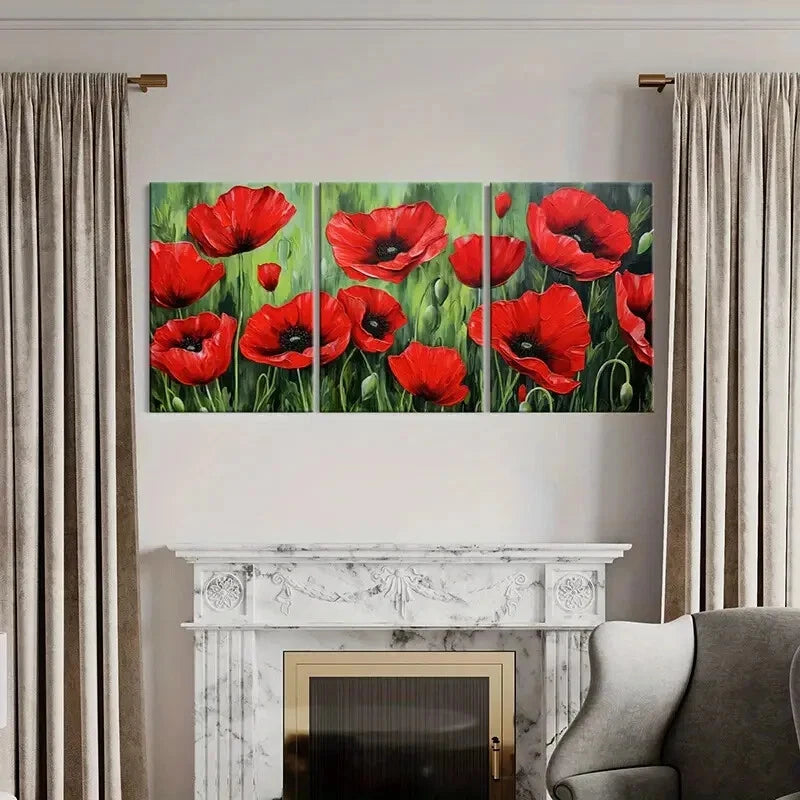 3pcs Red Flower Field Vibrant Colors Floral Art Metal Print Ready to Hang Art - Bella Home Decor
