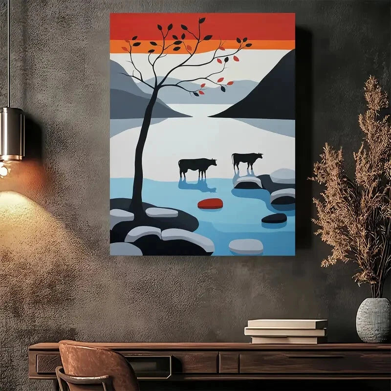 Beautiful Modern Vintage Autumn River Cows Painting 40x60cm Metal Print Ready to Hang - Bella Home Decor