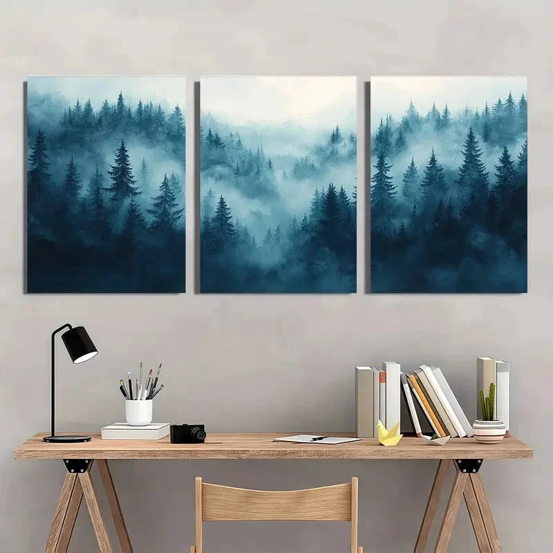 3pcs Featuring Pine Trees and Soft Fog Poster Metal Print Ready to Hang Art - Bella Home Decor