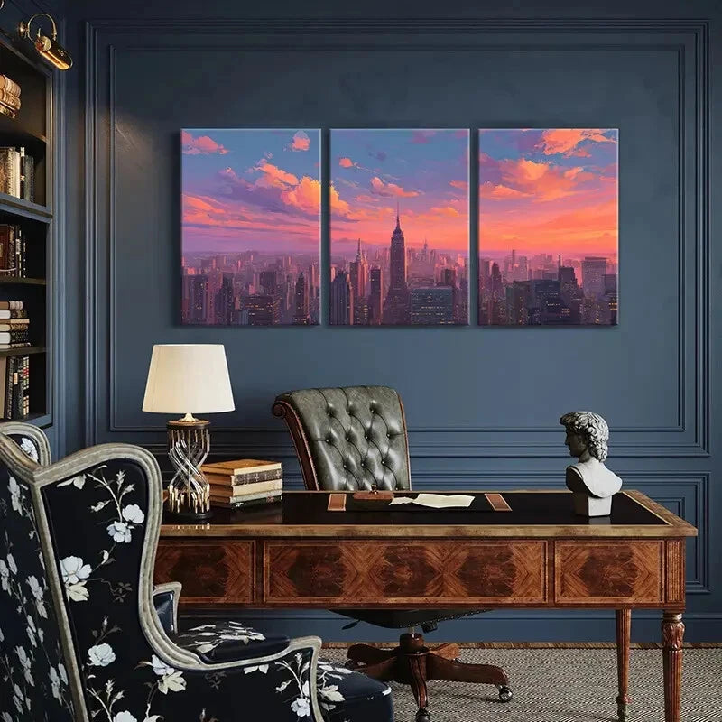3pcs Sunset Cityscape Skyline Urban Landscape Metal Print Ready to Hang Art - Bella Home Decor