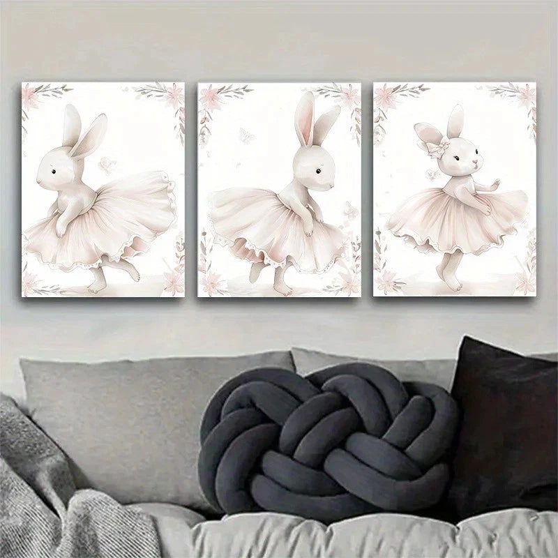 3pcs Adorable Cute Ballet Rabbit Metal Print Ready to Hang Art - Bella Home Decor
