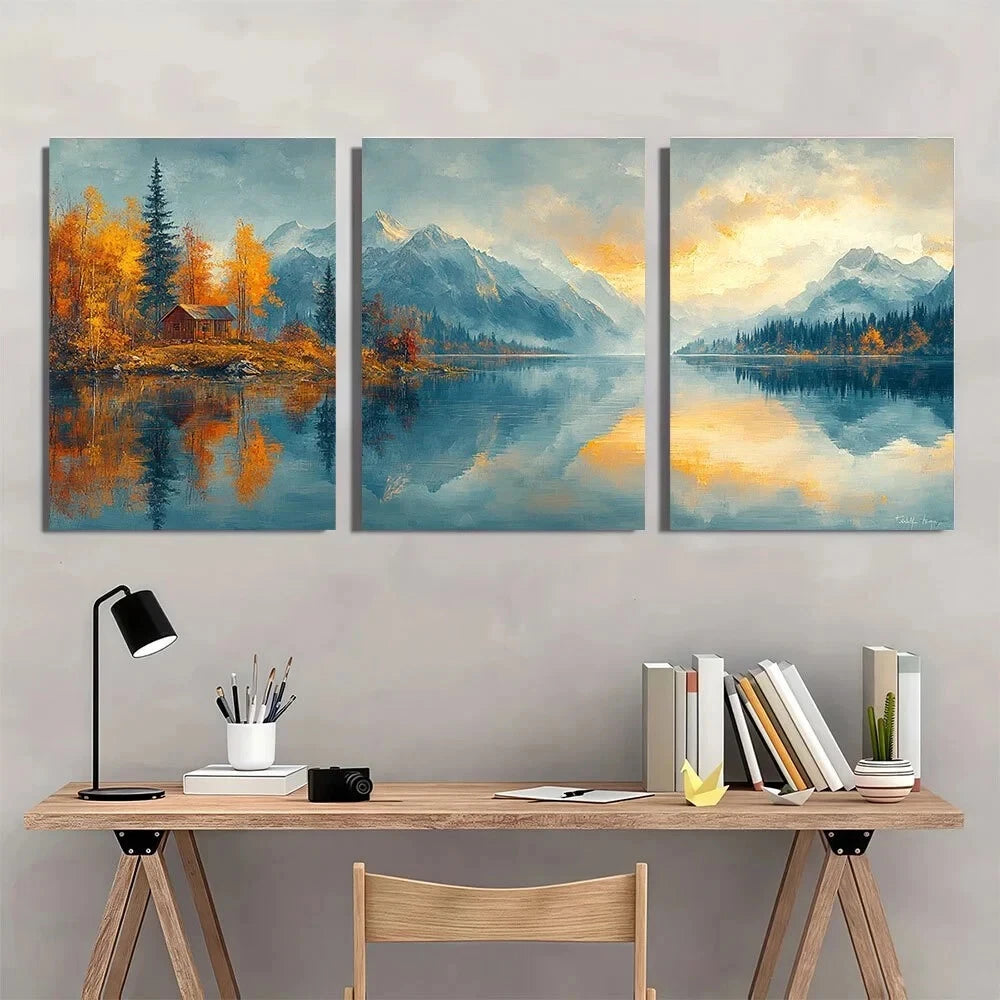 3pcs Scenic Lake Travel Painting Metal Print Ready to Hang Art - Bella Home Decor