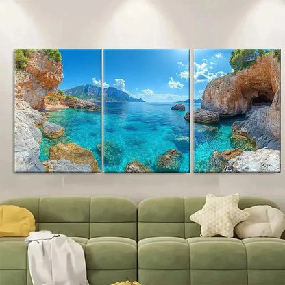 3pcs Vast Blue Seascape Caccia Italy O    Wall Art Set Canvas Framed 50x70cm - High Quality Print 100% Australian Made Wall Canvas Ready to Hang - Bella Home Decor