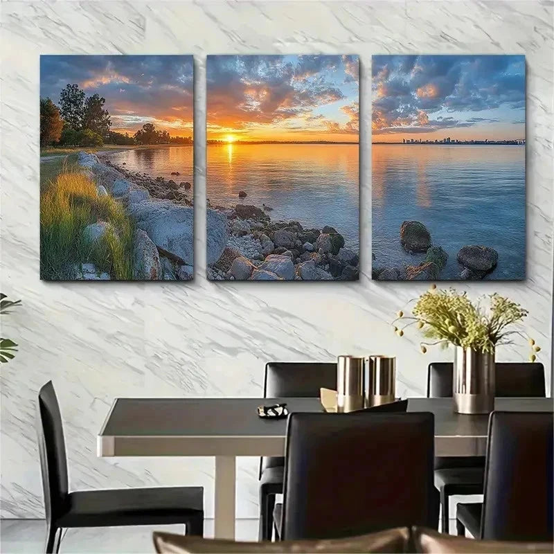 3pcs Sunrise Over Matilda Bay Nature Perfect Wall Art Set Canvas Framed 50x70cm - High Quality Print 100% Australian Made Wall Canvas Ready to Hang