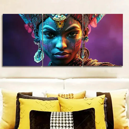 3pcs Colorful African Female Warriors Wall Art Canvas Unframed - High Quality Print 100% Australian Made Wall Canvas - Bella Home Decor