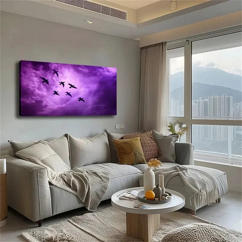 Black Birds Flying The Purple Wall Art Canvas Office Home Room Framed 120x60cm - Bella Home Decor