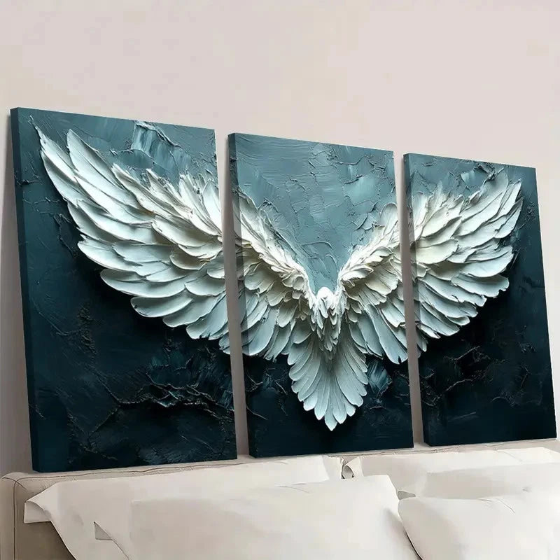 3pcs BWhite Wings with Blue & White Feather  WF   Framed Wall Art Set Canvas Framed 50x70cm - High Quality Print 100% Australian Made Wall Canvas Ready to Hang - Bella Home Decor
