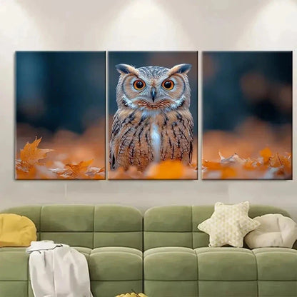 3pcs Cute Owl in Autumn Leaves RI Wall Art Set Canvas Framed 60x90cm - High Quality Print 100% Australian Made Wall Canvas Ready to Hang - Bella Home Decor