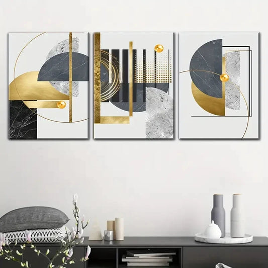 3pcs Abstract Geometric Golden, Black & White Metal Print Ready to Hang Art